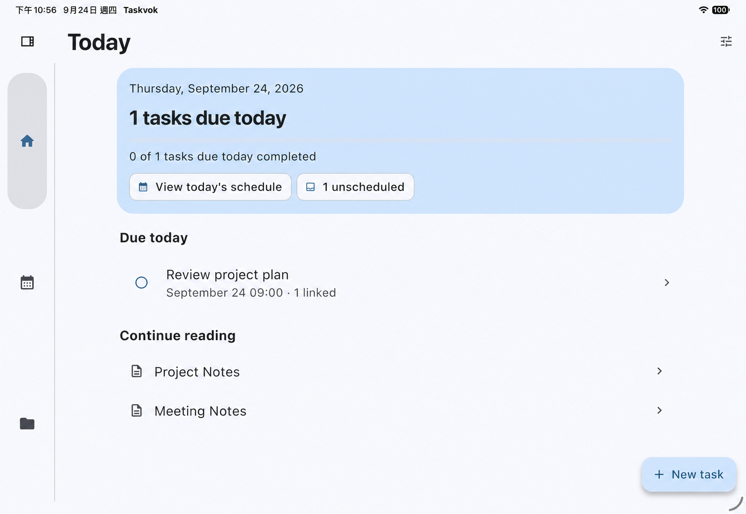 Taskvok Today page on iPad with daily summary and recent documents