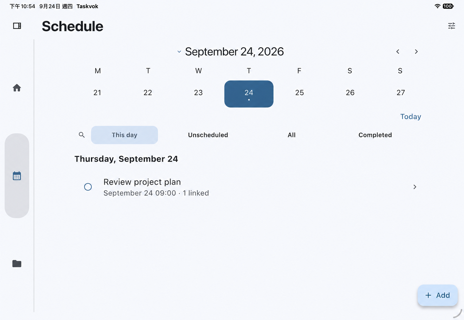 Taskvok Schedule page on iPad with weekly calendar