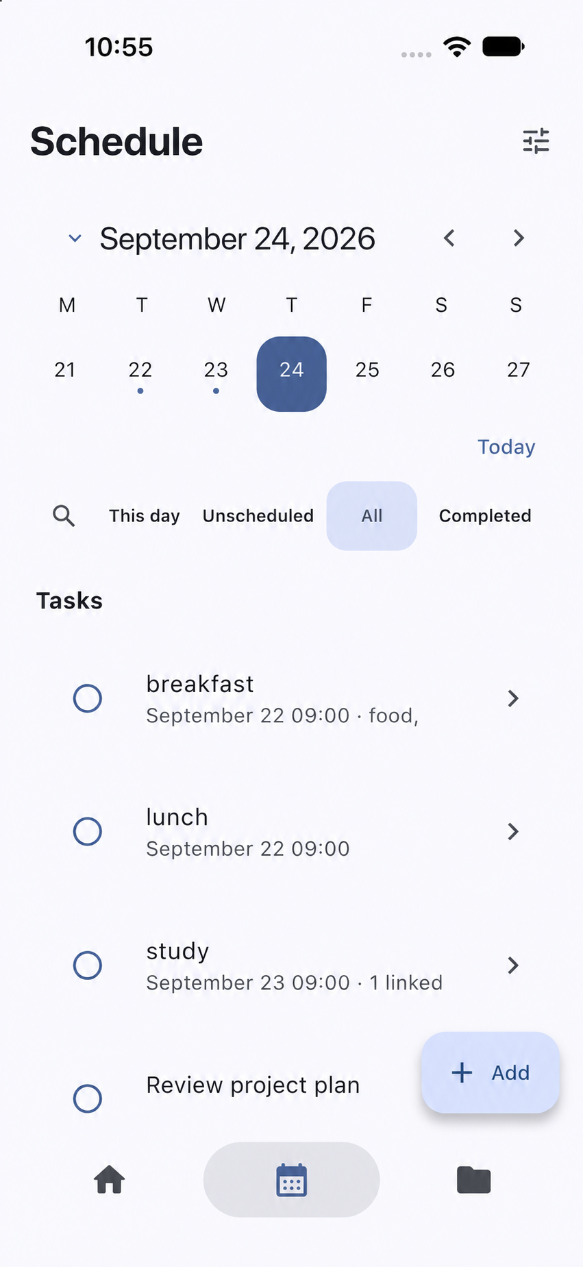 Taskvok Schedule page on iPhone with calendar and task list